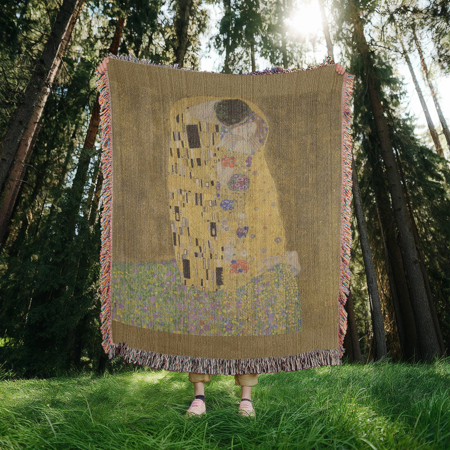 The Kiss Blanket 100% Cotton Woven in USA Gustav Klimt Famous Painting Gift for Art Lover