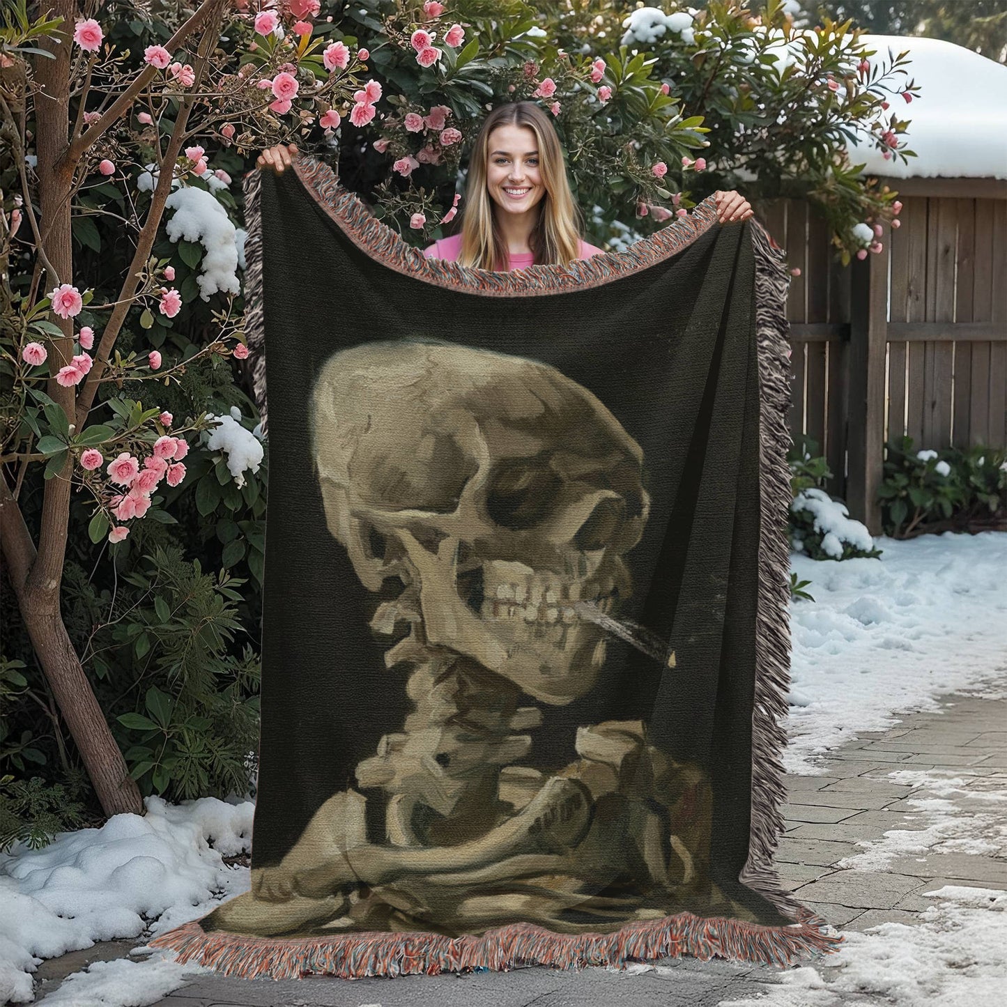 Skull of a Skeleton with Burning Cigarette Vincent Van Gogh Famous Painting 100% Cotton Throw Blanket 60x80"