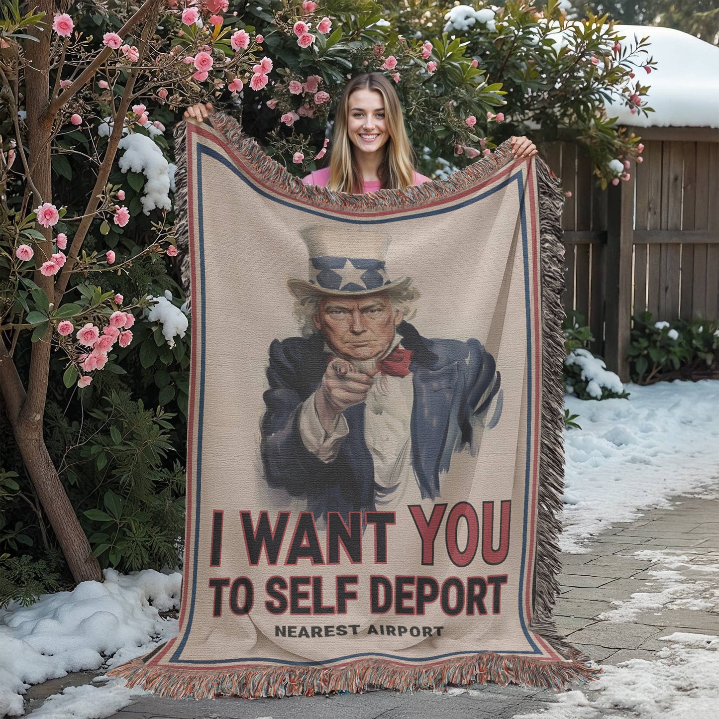 Trump Uncle Sam I Want You to Self Deport Funny Meme 100% Cotton Throw Blanket