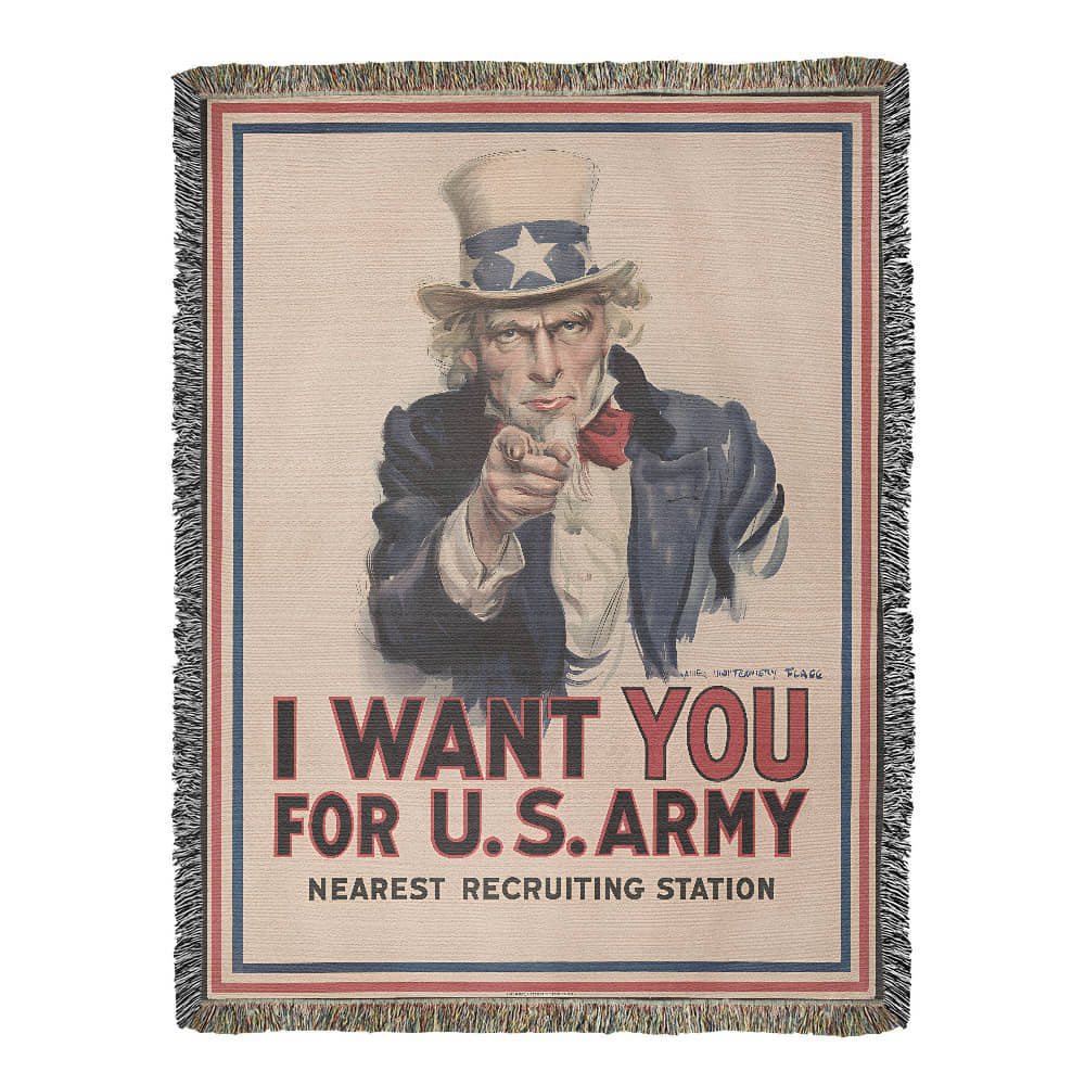 Uncle Sam Blanket 100% Cotton Throw Woven in USA I Want You for U.S. Army Veteran Gift James Montgomery Flagg WW1 Propaganda Poster