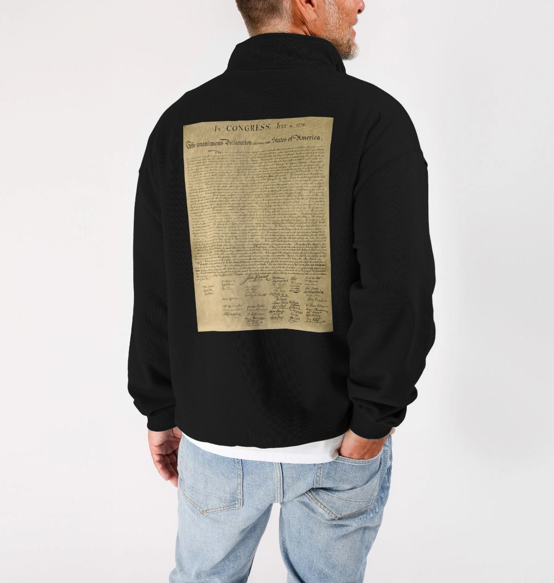 Declaration of Independence Graphic Unisex 100% Organic Cotton Quarter Zip Sweatshirt (Design on Back)